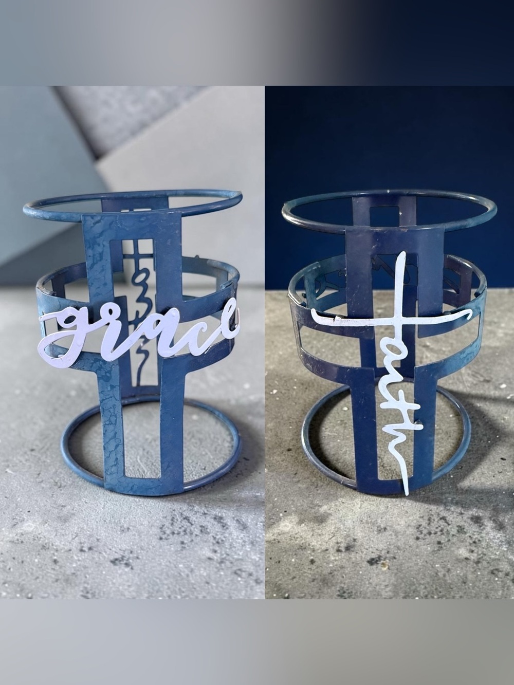 🫶🏻 Grace & Faith Metal Candle Holder – Blue Home Accent Candle Wrap
